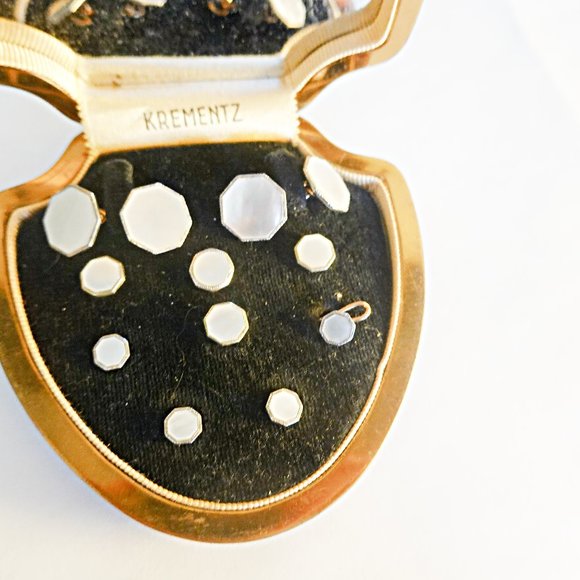 ART DECO Mother of Pearl 10 Piece Platinum Clad 14k Gold Overl CUFFLINKS STUDS - Picture 1 of 2
